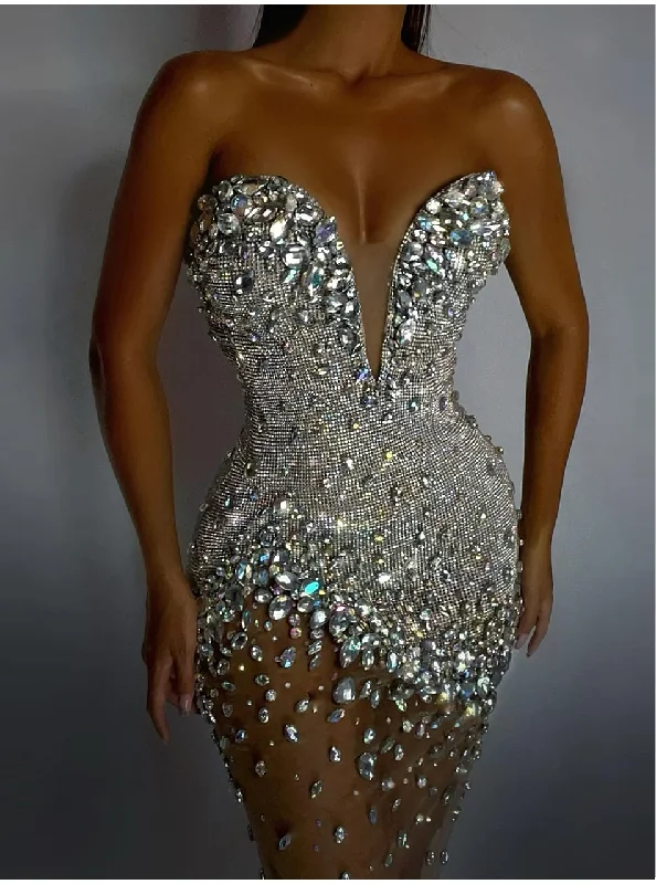 Sexy Tube Top Heavy Sequined Mesh Stitching Rhinestone Decorative Bag Hip Dress