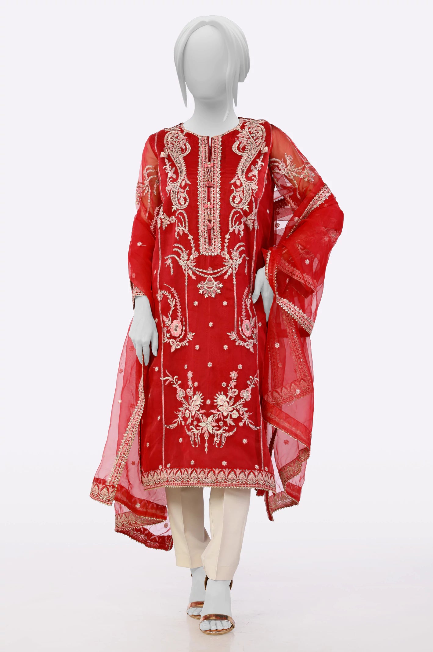 Red Embroidered Kurti With Dupatta