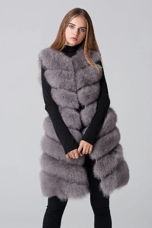 Grey Square Knee Length Fox Fur Coat