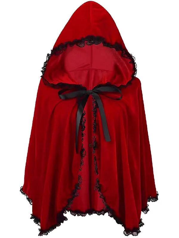 Red 1950s Halloween Lace Trim Velvet Cape