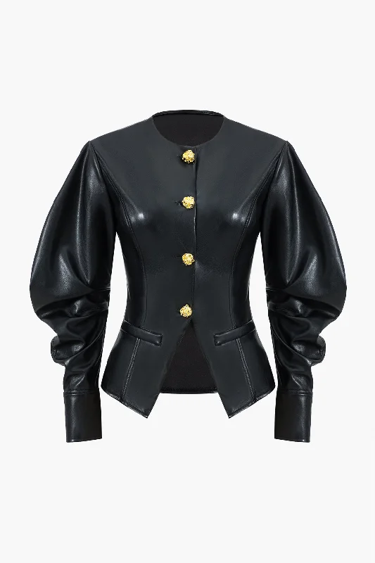 Faux Leather Metallic Button Jacket