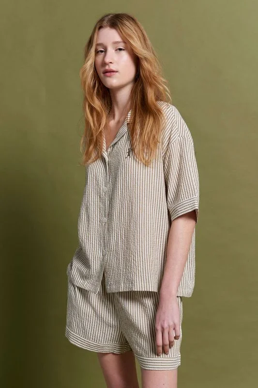 Papinelle x Karen Walker Seersucker Stripe Boxer PJ Set - Nutria