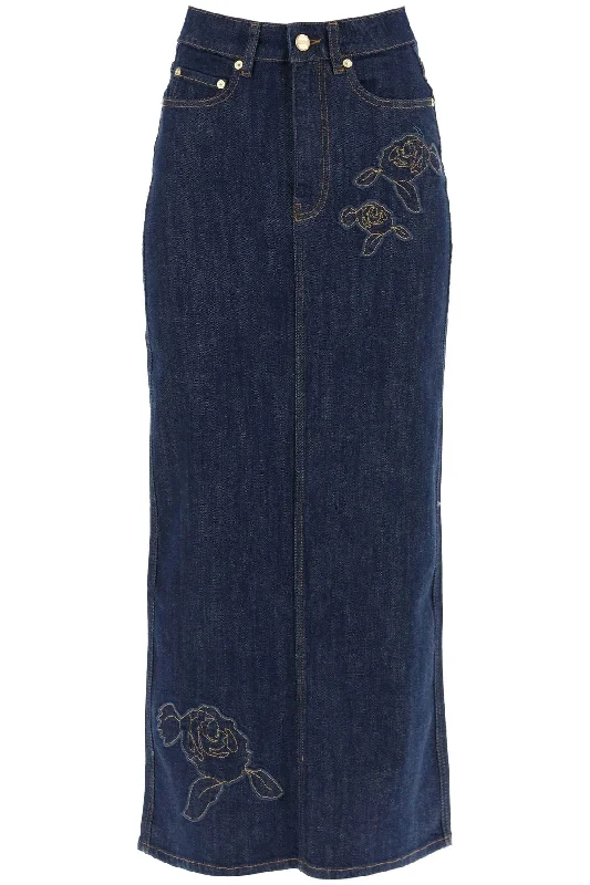 Ganni Women's Maxi blue Skirt With pink Embroidery