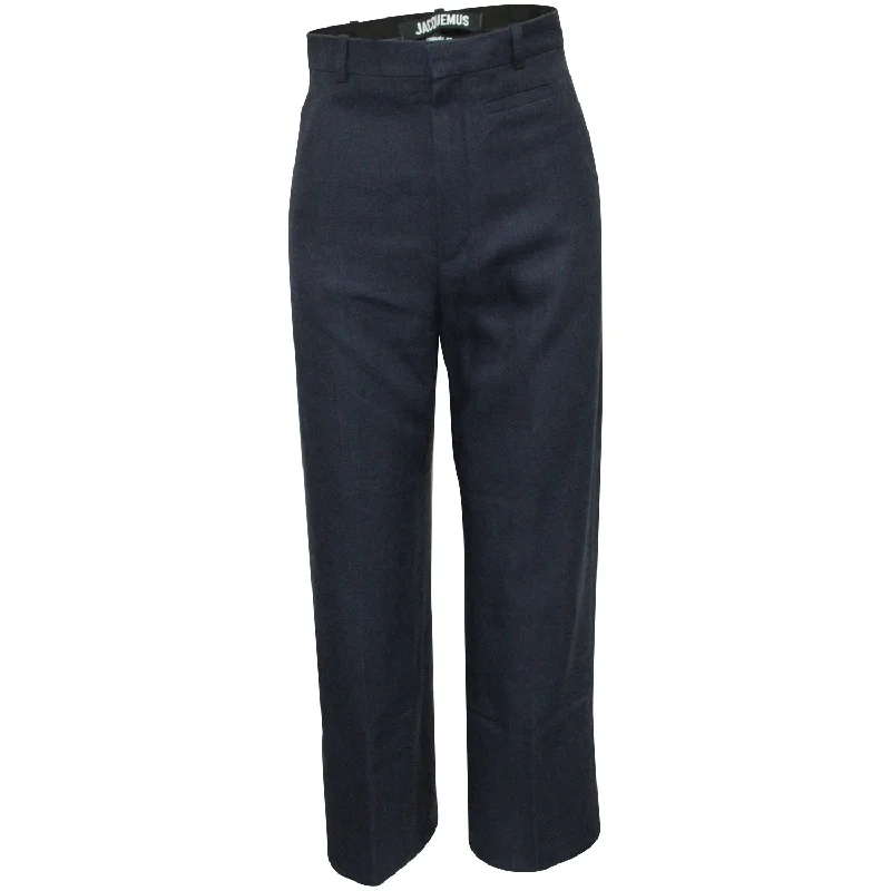 Jacquemus High-Waist Straight-Leg Pants in Navy Linen