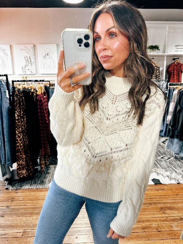 Lace Detail Crew Neck Sweater Top-2 Colors