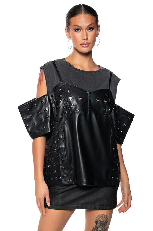 NOAH FAUX LEATHER COLD SHOULDER OVERSIZED T SHIRT