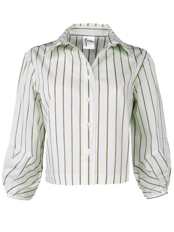 Emmy Poplin Cropped Shirt, Olive Pinstripe