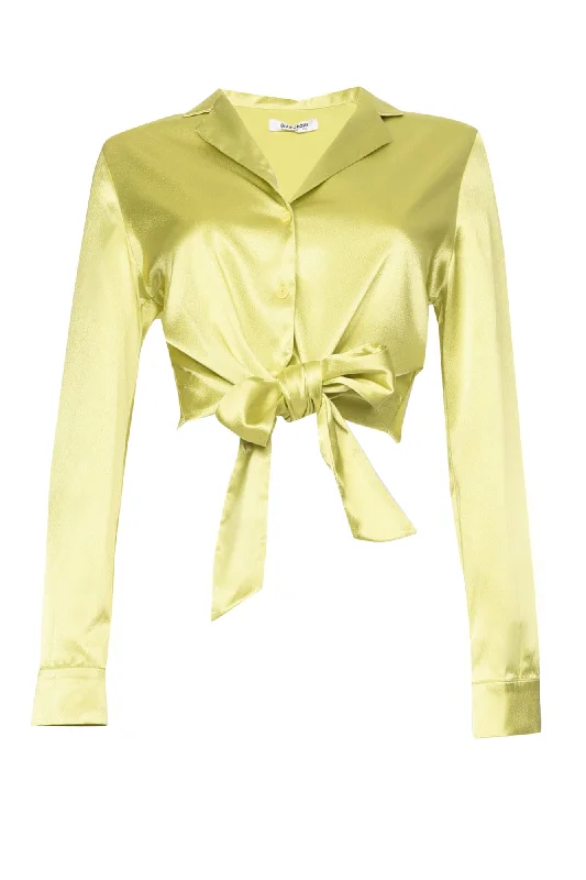 Glamorous Lime Satin Tie Button Front Cropped Shirt