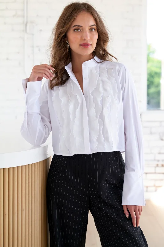 Long Sleeve Raffaele Ruffle Crop Shirt White Poplin and Silk Organza