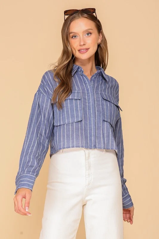 Simone Long Sleeve Button Down Stripe Print Crop Top Blue